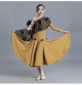 Girls kids yellow leopard velvet ballroom dance dresses modern junior slant neck ruffles rhythem ballroom smooth dance costumes for girls